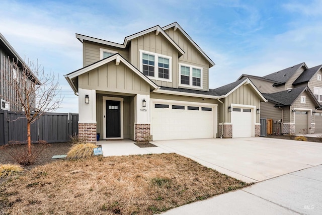 craftsman-style house featuring brick siding, board and batten siding, concrete driveway, and fence