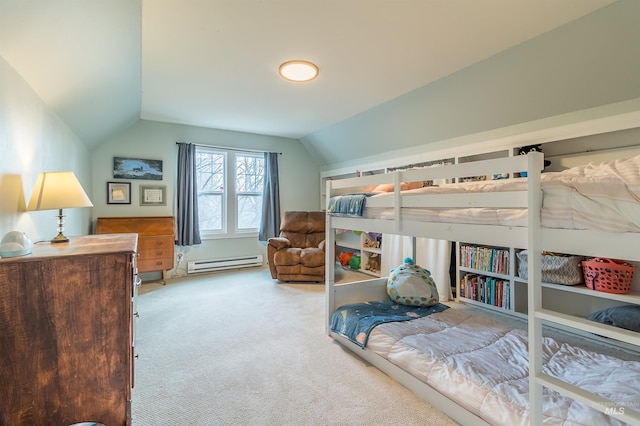bedroom with baseboard heating, lofted ceiling, and carpet floors
