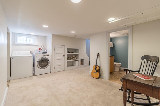 washroom with carpet, baseboards, laundry area, recessed lighting, and washer and clothes dryer