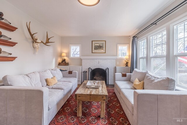 living room with a fireplace