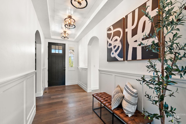 foyer featuring a raised ceiling and dark wood-type flooring