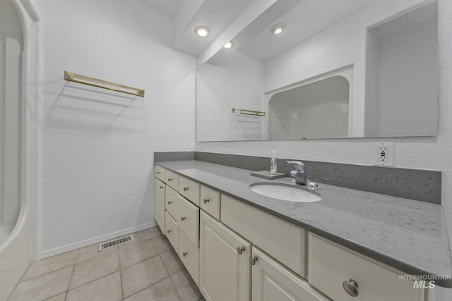 full bath with vanity, visible vents, recessed lighting, tile patterned floors, and baseboards