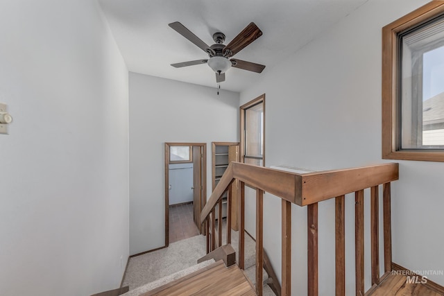 stairway featuring a ceiling fan and wood finished floors