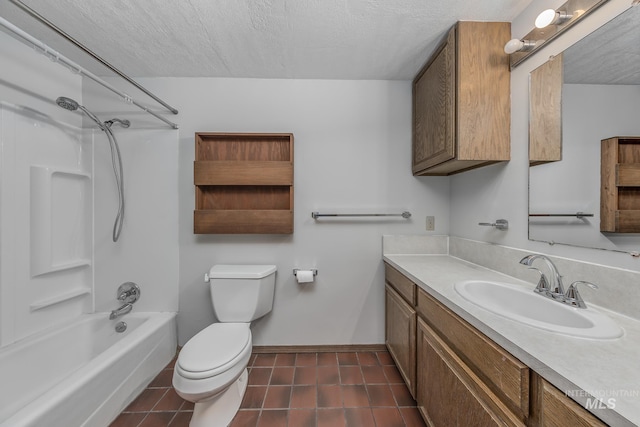 bathroom with vanity, shower / bathtub combination, toilet, tile patterned floors, and a textured ceiling