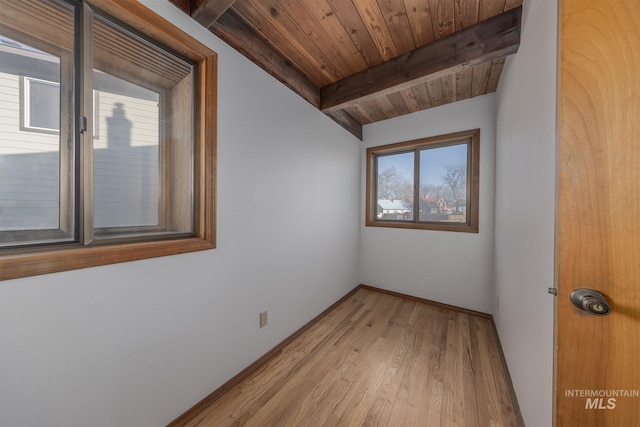 spare room with baseboards, light wood finished floors, wood ceiling, and beamed ceiling