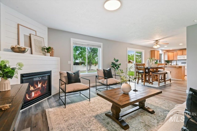 2513 S Vineyard St, Nampa, ID 83686 - living room with a glass covered fireplace, light wood-style floors, ceiling fan, and a textured ceiling