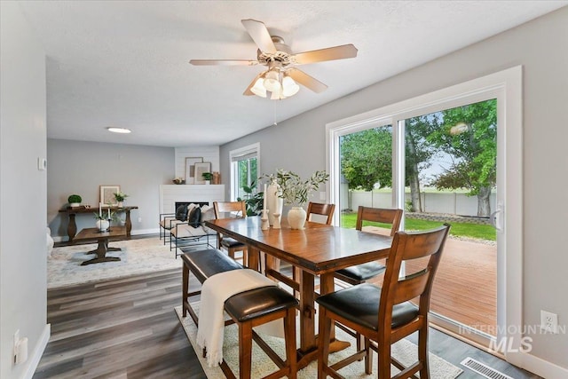 2513 S Vineyard St, Nampa, ID 83686 - dining space featuring a large fireplace, baseboards, wood finished floors, and ceiling fan