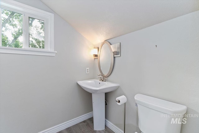7301 W Diamond St, Boise, ID 83709 - half bath with vaulted ceiling, toilet, baseboards, wood finished floors, and a sink