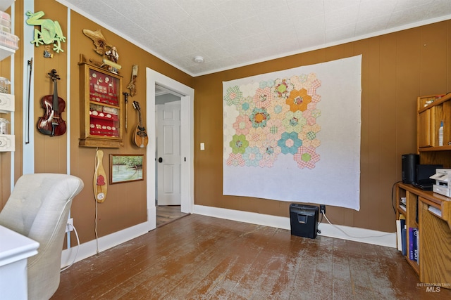 interior space featuring crown molding and dark wood-type flooring