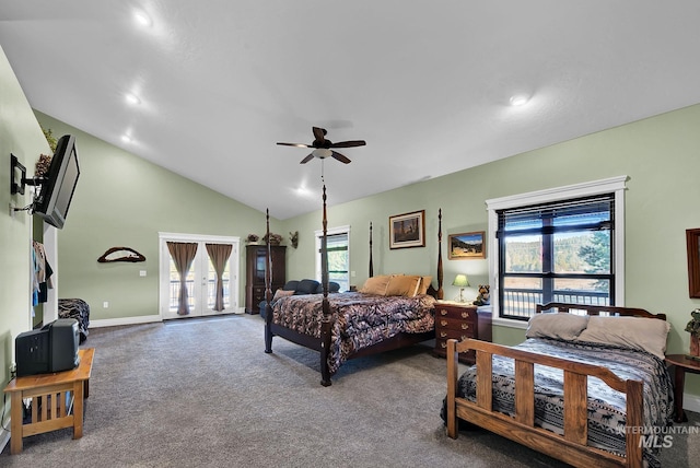 bedroom with carpet flooring, multiple windows, ceiling fan, and french doors