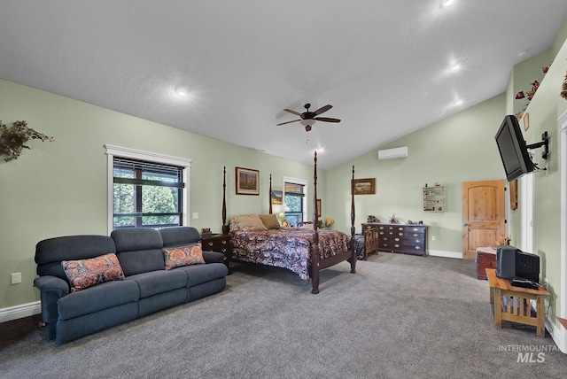 carpeted bedroom with high vaulted ceiling, ceiling fan, and a wall unit AC