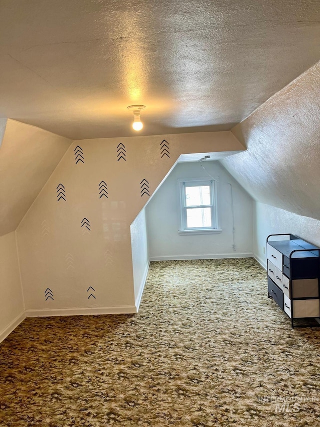 additional living space with baseboards, carpet floors, and a textured ceiling
