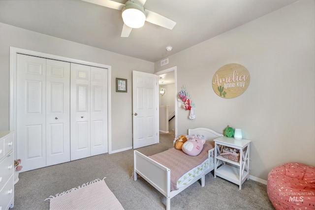 bedroom with carpet flooring, a closet, and ceiling fan