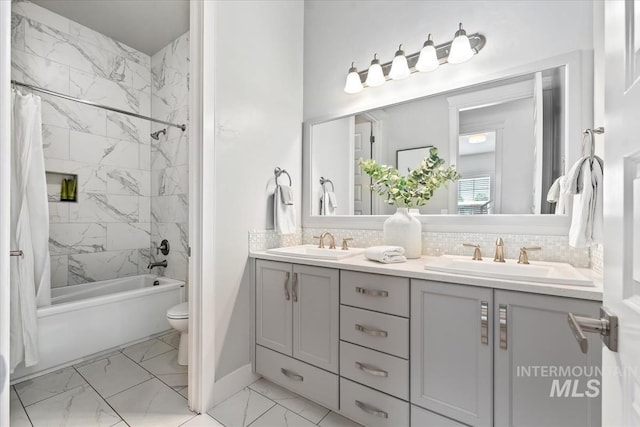1552 W Windbreaker Ln, Eagle, ID 83616 - full bathroom with marble finish flooring, double vanity, toilet, shower / bathtub combination with curtain, and backsplash