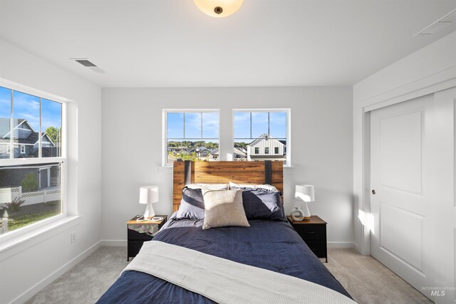 bedroom featuring multiple windows, light colored carpet, and baseboards