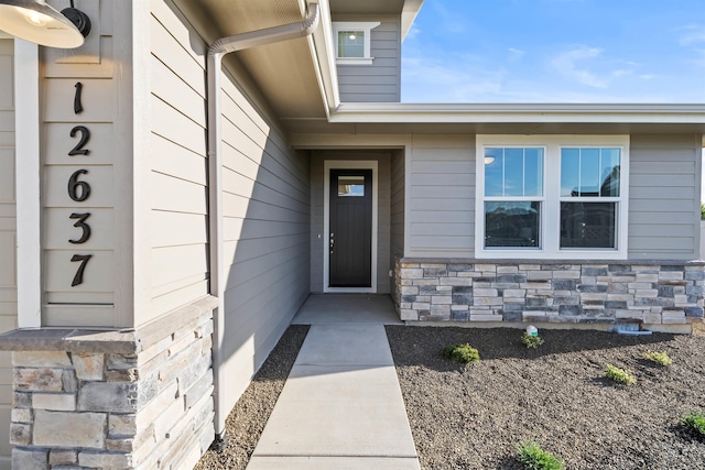 property entrance with stone siding