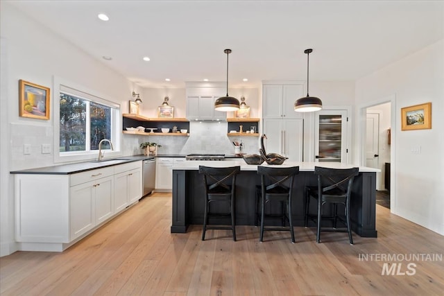 kitchen featuring a sink, white cabinets, backsplash, dishwasher, and open shelves