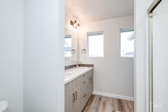 2839 N Rocky Bottom Way, Kuna, ID 83634 - full bath with a sink, toilet, wood finished floors, double vanity, and baseboards