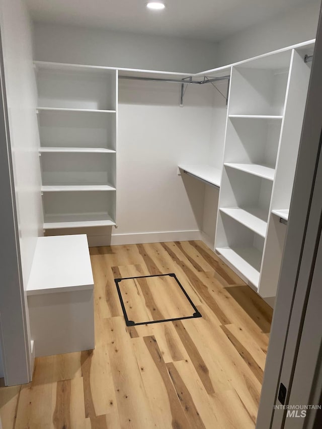 walk in closet with light hardwood / wood-style floors