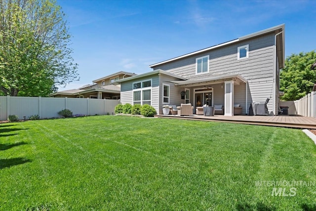 3023 E Tusa St, Meridian, ID 83642 - rear view of property with an outdoor living space, a deck, and ceiling fan