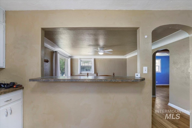 904 N 9th Ave, Buhl, ID 83316 - kitchen with ceiling fan, arched walkways, wood finished floors, white cabinetry, and baseboards