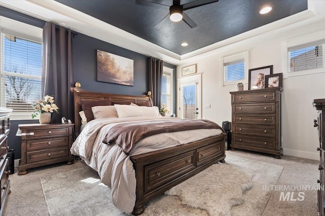 bedroom with light colored carpet, a raised ceiling, baseboards, and multiple windows