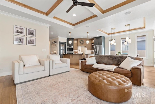 living room with crown molding, baseboards, beamed ceiling, light wood-style floors, and coffered ceiling