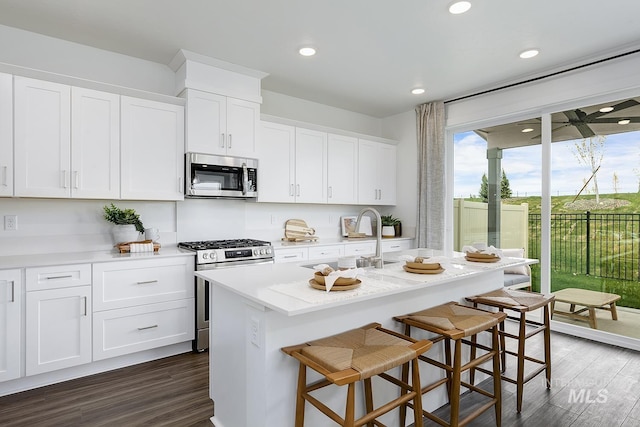 8002 W Fern St, Eagle, ID 83616 - kitchen featuring stainless steel appliances, a sink, dark wood finished floors, a kitchen breakfast bar, and recessed lighting