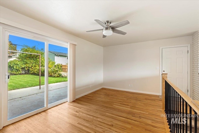 spare room with light hardwood / wood-style flooring and ceiling fan