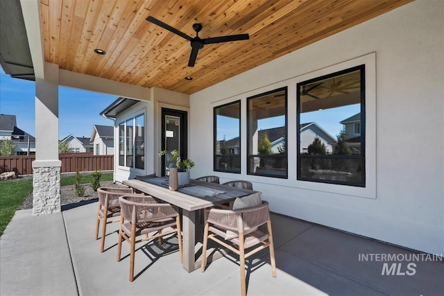 view of patio / terrace with fence, outdoor dining space, and ceiling fan