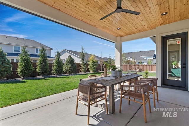 view of patio featuring outdoor dining area, a ceiling fan, a fenced backyard, and a residential view