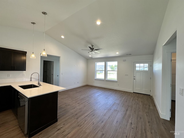 TBD Idaho, Caldwell, ID 83605 - kitchen with lofted ceiling, dishwashing machine, light countertops, ceiling fan, and dark wood-type flooring