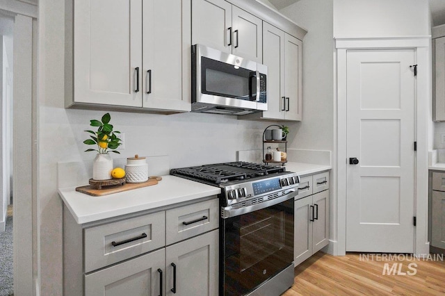 kitchen with stainless steel appliances, light wood finished floors, light countertops, and gray cabinetry