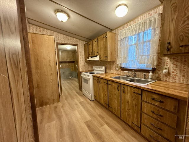 2934 SW Smith Rd, Mountain Home, ID 83647 - kitchen featuring butcher block counters, sink, vaulted ceiling, electric stove, and light hardwood / wood-style floors