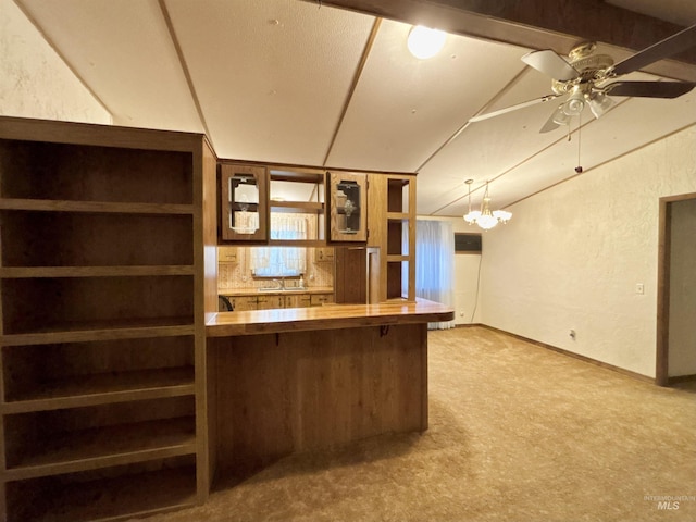 2934 SW Smith Rd, Mountain Home, ID 83647 - interior space featuring sink, vaulted ceiling, hanging light fixtures, ceiling fan, and carpet