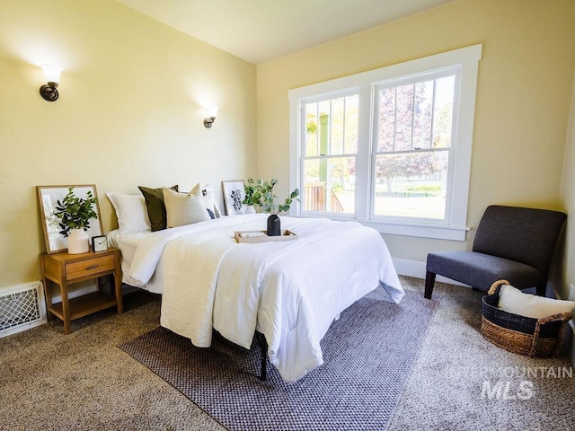 bedroom with carpet floors, baseboards, and visible vents