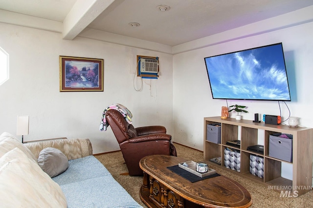 134 Maple Ave, Hansen, ID 83334 - carpeted living area featuring beam ceiling and a wall mounted air conditioner