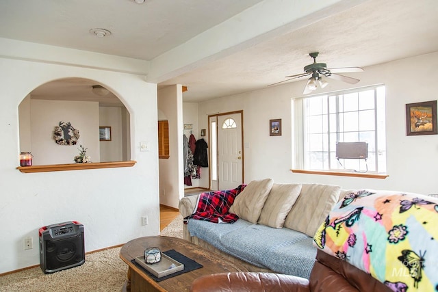 134 Maple Ave, Hansen, ID 83334 - living room featuring a ceiling fan, baseboards, and arched walkways