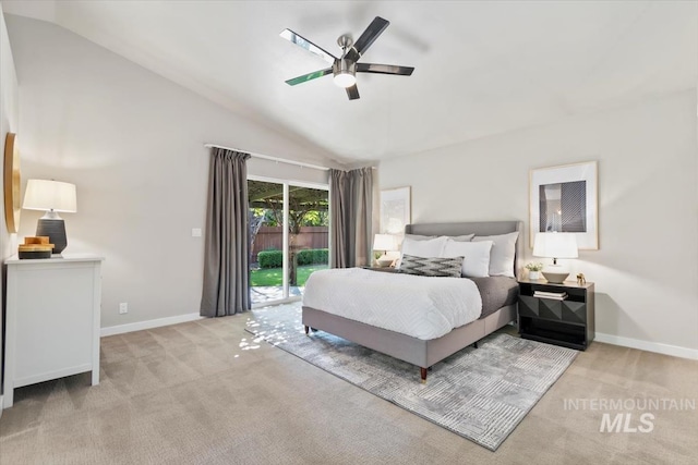 6472 S Liveoak Pl, Boise, ID 83716 - bedroom featuring light carpet, access to exterior, lofted ceiling, baseboards, and a ceiling fan