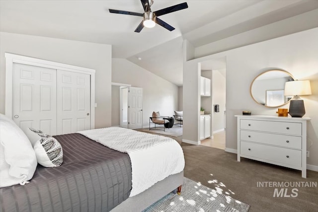 6472 S Liveoak Pl, Boise, ID 83716 - carpeted bedroom featuring lofted ceiling, a closet, baseboards, and a ceiling fan