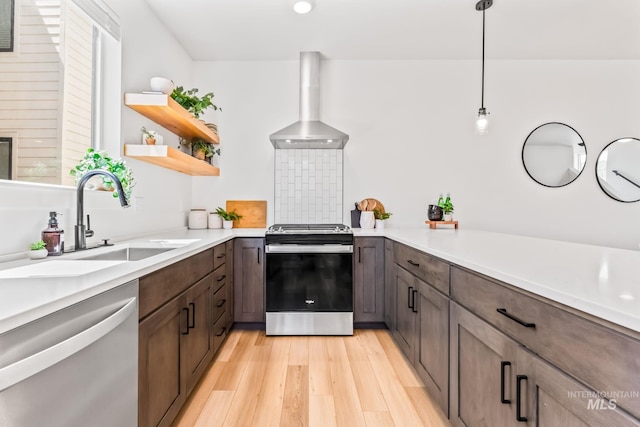 2919 W Jordan Unit 2, Boise, ID 83702 - kitchen featuring dishwashing machine, stainless steel stove, wall chimney range hood, a sink, and light wood-type flooring