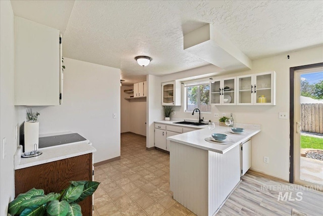 406 N Pine St, Emmett, ID 83617 - kitchen with a sink, a peninsula, healthy amount of natural light, a textured ceiling, and glass insert cabinets