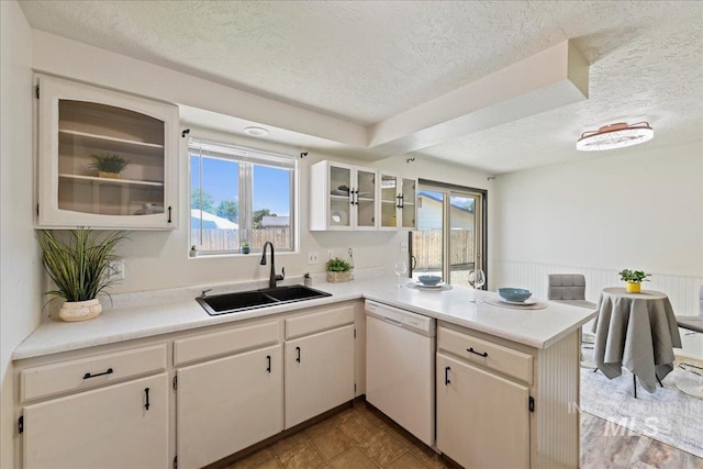 406 N Pine St, Emmett, ID 83617 - kitchen featuring a sink, dishwasher, a textured ceiling, a peninsula, and light countertops