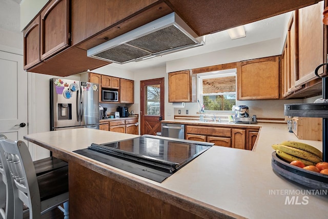 kitchen with kitchen peninsula, stainless steel appliances, and sink