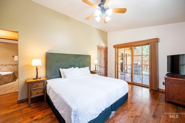 bedroom with high vaulted ceiling, ceiling fan, dark hardwood / wood-style flooring, and access to outside