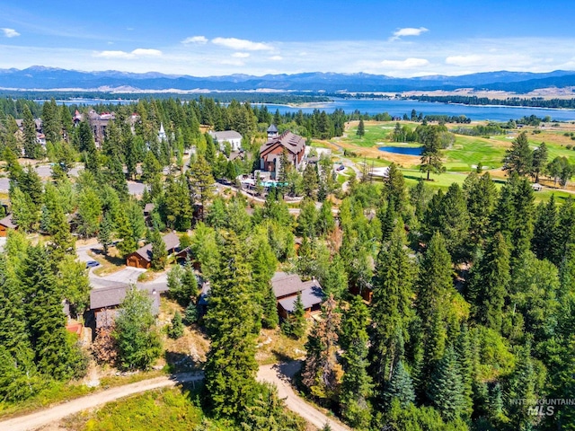 drone / aerial view featuring a water and mountain view