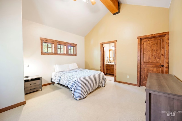 carpeted bedroom featuring high vaulted ceiling, ceiling fan, connected bathroom, and beamed ceiling