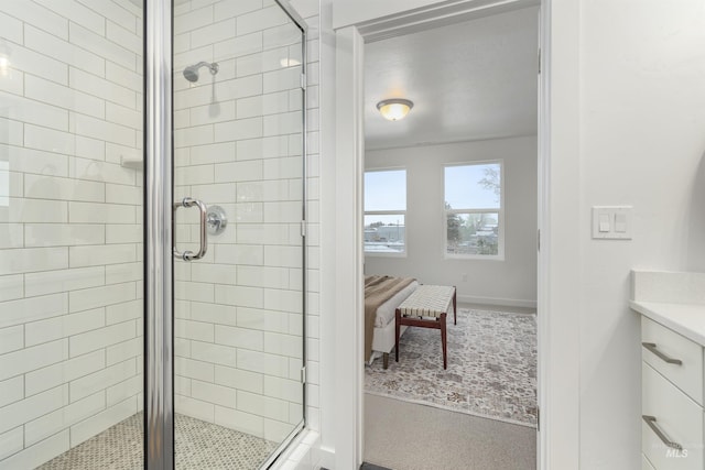 bathroom featuring vanity and walk in shower