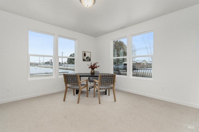 dining room featuring light colored carpet and a healthy amount of sunlight