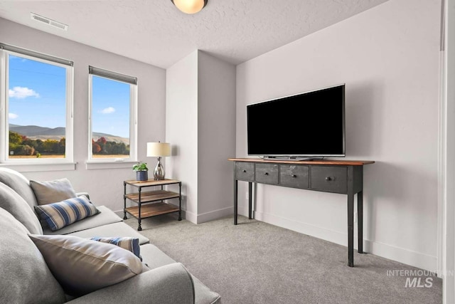 living area featuring visible vents, baseboards, a textured ceiling, and carpet flooring